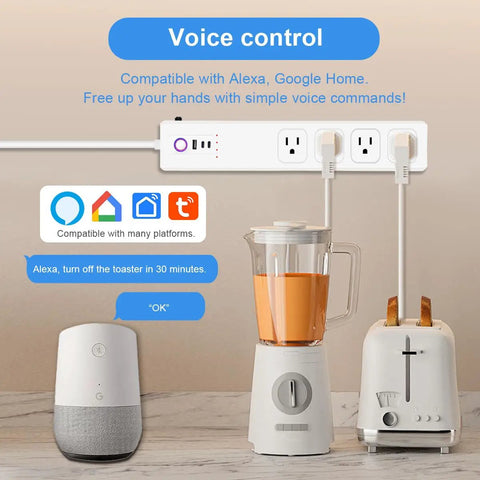 ZigBee Smart Power Strip Surge Protector With Four Independently Switched Outlets And Two USB Ports Requires Smart Hub For No Sweat Alexa And Google Voice Control In Clean White with blender and toaster.
