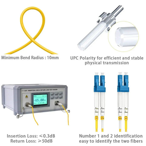 Top Shelf OS2 Single Mode Fiber LC To LC Patch Cables 6 Foot 4 Pack: Test station showing UPC polarity, bend radius, and fiber identification.