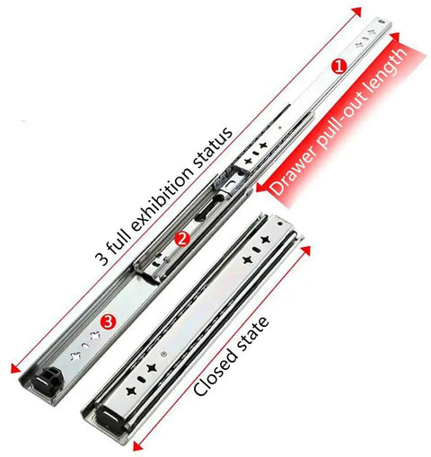 Heavy Duty Ball Bearing Drawer Slides 14 Inch Full Extension Side Mount Glides Handles 265 Lbs Loads Works Like A Dream Cold Rolled Steel With Durable Zinc Finish 10 Pair Pack showing closed and fully extended positions.