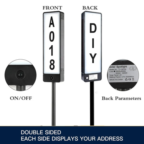 Dual Sided Solar Address Plaque With LED Lights, Outdoor Weatherproof Address Sign with numbers and letters, front and back view