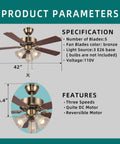 Old School Retro 42 Inch Indoor Ceiling Fan With Pull Chain And Three LED Light Bulb Sockets Bulbs Not Included Traditional 3 Speed Reversible Blades Antique Style For Living Room Or Bedroom product specifications.