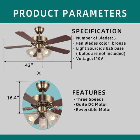 Old School Retro 42 Inch Indoor Ceiling Fan With Pull Chain And Three LED Light Bulb Sockets Bulbs Not Included Traditional 3 Speed Reversible Blades Antique Style For Living Room Or Bedroom product specifications.