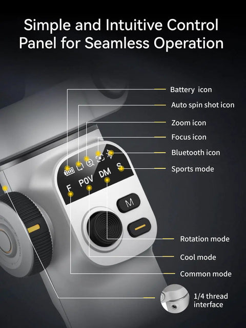 Control panel of 3 Axis Phone Gimbal With AI Tracking Sensor, showing various mode icons and settings.