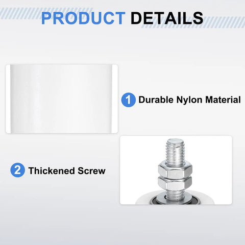Eight Pack Sliding Gate Guide Roller Set With One And Five Eighths Inch Nylon Rollers Gate Support Assembly For Sliding Doors Universal Gate Guider White Durable Nylon Outer Wheel Design Fits Most Sliding Gate Systems showing durable nylon material and thickened screw details.