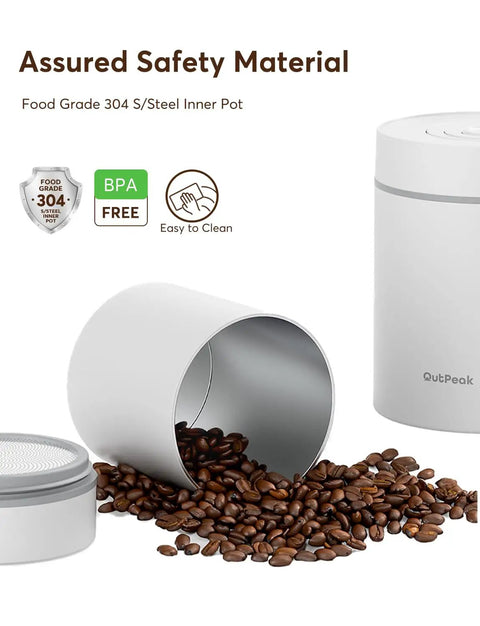 Automatic Vacuum Coffee Canister Keeps Your Daily Brew Stash Hella Fresh For Months With Simple One Touch Press And Rust Resistant Stainless Steel Build with food grade stainless steel inner pot and spilled coffee beans.