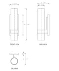 Technical drawing of black indoor wall sconce light fixture with cylinder glass over mirror, front side top views.