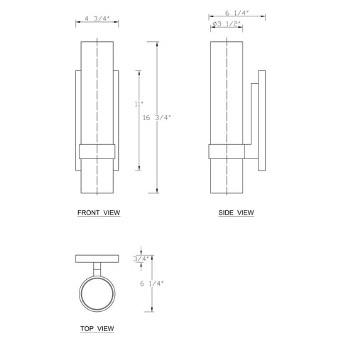 Technical drawing of black indoor wall sconce light fixture with cylinder glass over mirror, front side top views.