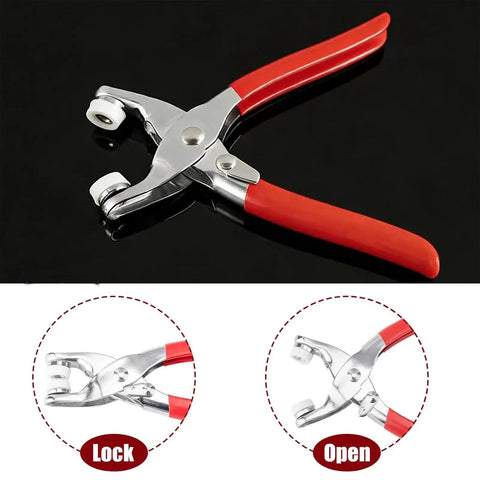 Dope Snap Button Kit With 100 Sets Metal Snaps And Fastener Pliers Press Tool For DIY Clothes Hats And Sewing Includes 400 Pieces In Clear Storage Box For Easy Projects showing red-handled pliers in open and locked positions