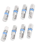Masterful Eight Piece Magnetic Screwdriver Bit Set Featuring Straight And Offset Hex Drive Sockets Rock Solid Grip Adapts To Power Tools For Fast No Sweat Fix Ups And Garage Builds with silver and blue metal driver tips.