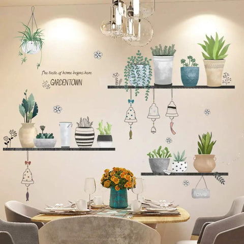 Green Plant Leaves Wall Decals For Bedroom And Living Room Large 90cm By 180cm Mural Removable Sticker Set For Home Decor And Housewarming Gift Easy Peel And Repositionable For Quick Fresh Look featuring decorative pots and hanging plants design.