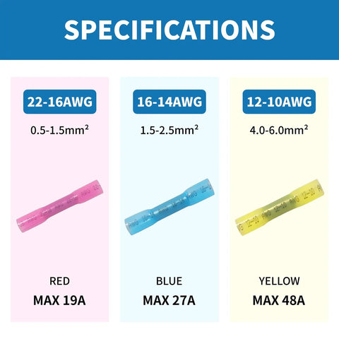 Specifications for Heavy Duty Heat Shrink Butt Connectors 500 Pcs 16-14 AWG Blue Waterproof Electrical Wire Splice Terminals