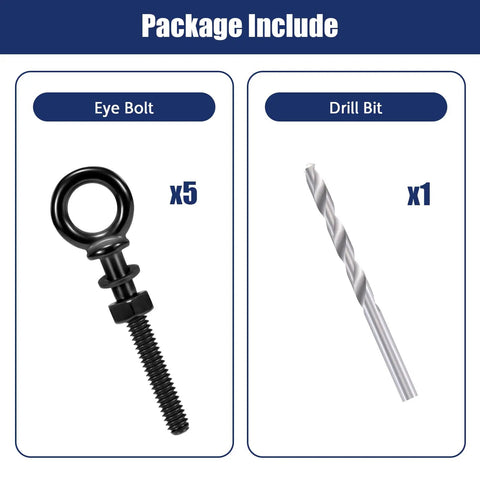 Five Pack 1/4 Inch T316 Stainless Steel Eyebolts For Beefy, Heavy Duty Lifting And Rigging, Marine Grade Corrosion Resistant Threaded Eyebolt Set With Nuts And Washers HF038B, eyebolts and drill bit included in package