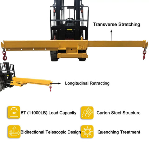 Top Tier Badass 5 Ton 11000 Lb Bidirectional Adjustable Crane Boom Forklift Attachment shown with features and dimensions.