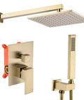 Real Deal Brushed Gold Rainfall Shower Kit With Handheld Sprayer Concealed Wall Mount Bath Fixture showing rainfall head, valve, and handheld sprayer.