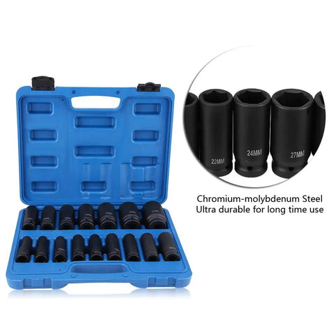 Heavy Duty 16 Piece 1/2 Inch Drive Hex Bit Socket Set Range From 10mm To 32mm, Premium CrMo Steel Heat Treated Air Impact Repair Tool Kit For Auto Maintenance And Hard Hitting Jobs in blue case