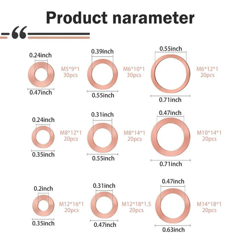 Diagram showing sizes of 200 Piece Copper Crush Washers Set for Cars and Motorcycles, 9 Metric Sizes
