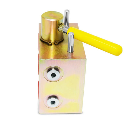 Side view of manual hydraulic splitter valve with yellow lever and two side ports on a metal block.