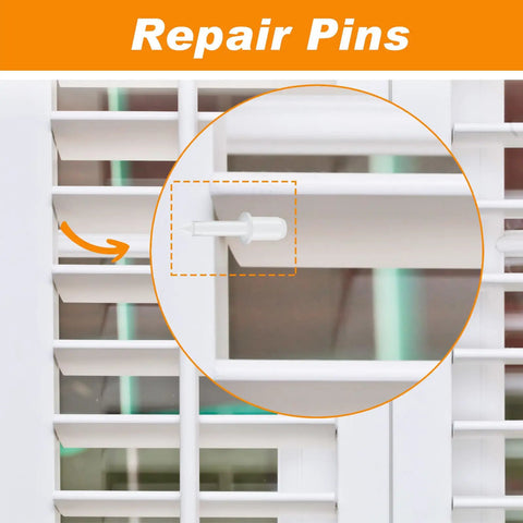 Repair pins for plantation shutters highlighted on slats, showcasing white steel pins from No Hassle Fixin Up Kit For Plantation Shutters Featuring Steel Spring Pins Louver Staples And Collar Pins Smooth Sailing Window Blind Replacement Hardware In Assorted Sizes For Quick Home Interior Repair.