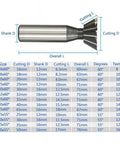 Tungsten carbide dovetail milling cutter with straight shank and 60° head; side view with size chart
