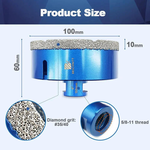 4 Inch Vacuum Brazed Diamond Core Drill Bit For Porcelain Tile Ceramic Marble Granite Stone Drilling, Pro Grade 5/8-11 Thread Hole Saw With Adapter, Dry Or Wet Use For Masonry Brick And Tile, showing product dimensions and features.