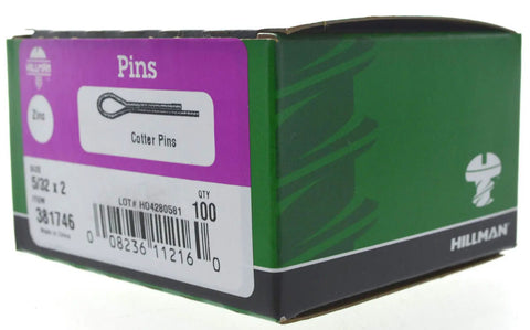 Box of Five Thirty Second By Two Inch Cotter Pin With Extended Prong In Zinc Finish, 100 Pack, packaging side view