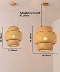 Two handwoven bamboo pendant lights in varying sizes, showing adjustable heights, hanging in a room.