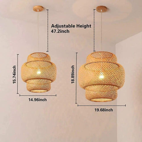Two handwoven bamboo pendant lights in varying sizes, showing adjustable heights, hanging in a room.