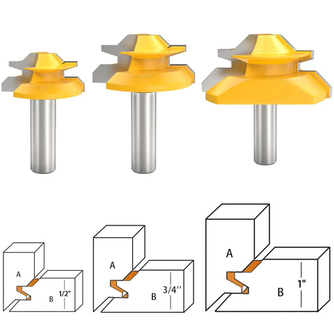Premium Built Tough 45 Degree Lock Miter Router Bit Set With Half Inch Shank And Three Cutting Heights for wood joinery.