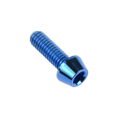 Blue titanium DIN912 M4x12mm tapered-head hex bolt.