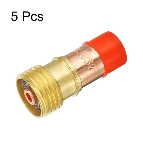 Gas Lens Collet Bodies Kit Pro Grade Five Piece Set For TIG Torch Consumables 17GL332 copper 3/32 inch diameter red tip close-up