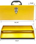 Yellow 16 Inch Heavy Duty Tool Box Organizer With Metal Latch And Handle Beefy Metal Toolbox For Home Garage And Workshop Storage Corrosion Resistant Steel Construction Durable Tackle Box Alternative, front and open view