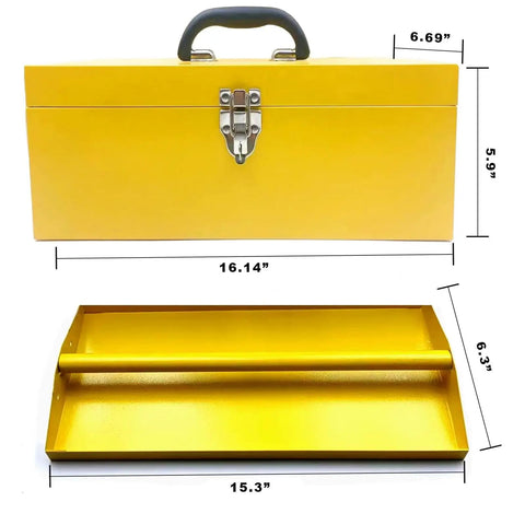 Yellow 16 Inch Heavy Duty Tool Box Organizer With Metal Latch And Handle Beefy Metal Toolbox For Home Garage And Workshop Storage Corrosion Resistant Steel Construction Durable Tackle Box Alternative, front and open view