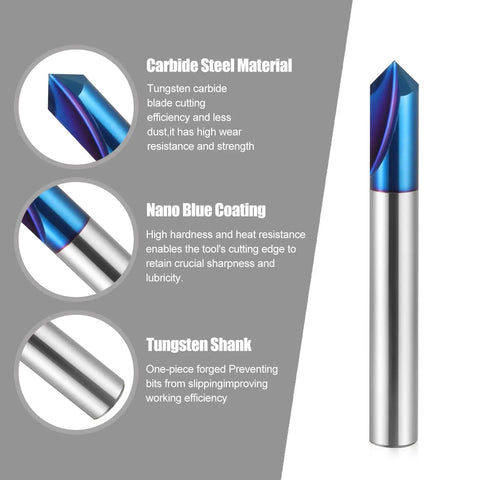 All In One 5 Piece CNC Wood Carving Router Bits Set With One Quarter Inch Shank, Nano Blue Coating Detail with Tungsten Shank