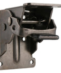 Rock Solid Folding Table Leg Brackets With Self Lock Hinges And Screws For Quick Workbench Upgrades Adjustable Zero To Ninety Degrees Bears Up To Five Hundred Pounds In Clean Matte Black close up view of hinge mechanism.