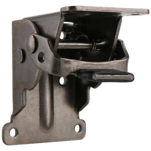 Rock Solid Folding Table Leg Brackets With Self Lock Hinges And Screws For Quick Workbench Upgrades Adjustable Zero To Ninety Degrees Bears Up To Five Hundred Pounds In Clean Matte Black close up view of hinge mechanism.
