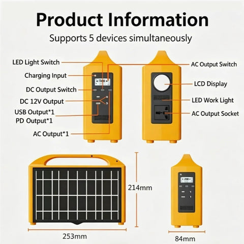 Hella Solid 200W Portable Solar Power Station With Built In Foldable Panel 12V 20Ah Lead Acid Battery showing input/output ports and LCD display.