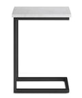 C Shaped Metal Side Table With Genuine White Marble Top For Living Room Or Home Office Space Saving End Table That Slides Under Sofa 18 In Wide By 24 In High Sleek And Slick Modern Accent with black iron frame.