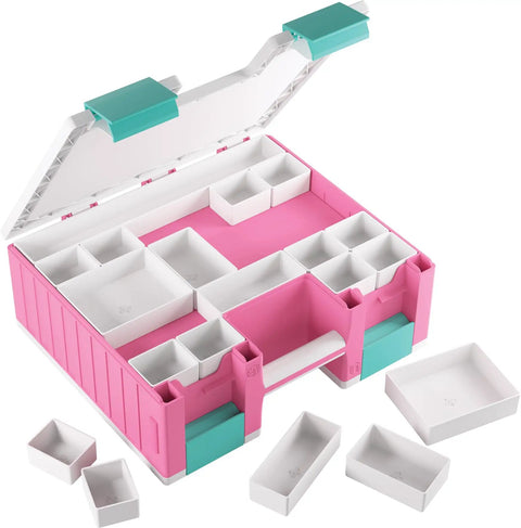Open view of Castle All In One Double Sided Card And Accessory Storage Case with 19 removable trays, pink white teal color.