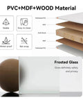 Diagram showing layers of PVC, MDF, and wood material with stability and waterproof features for a bi-fold white MDF barn door.