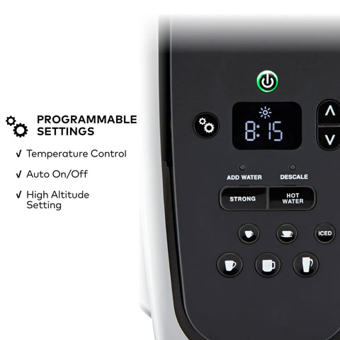 Close-up of programmable settings on All In One Single Serve Coffee Maker With Strong Brew Power And Temperature Control, Iced Coffee Ready.