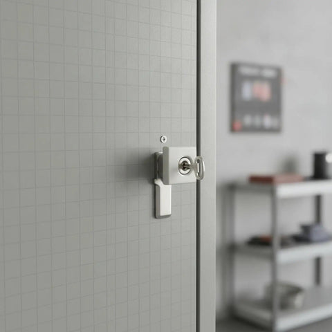 Heavy Duty Zinc Alloy Cam Lock For Cabinets And Drawers installed on a cabinet with key inserted, beige finish, sturdy rotating mechanism.