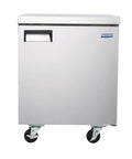 Heavy Duty Commercial Undercounter Freezer 27 Inch 6 Cubic Foot Stainless Steel Auto Defrost with rolling casters.