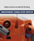 Close-up of Lightweight Gas Chainsaw With 38cc X-Torq Engine's independent choke/stop switch, with text overlay.