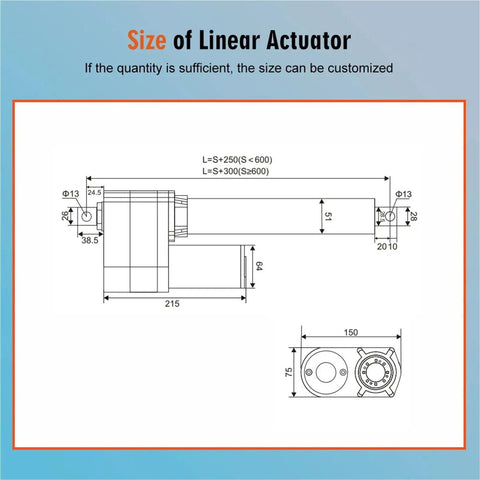 Technical diagram of Beefy Heavy Duty Electric Linear Actuator 12V 24V 48V IP66 Waterproof Telescopic Push Rod dimensions.