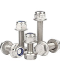 Stainless Steel M6 Flange External Hex Head Screws With Serrated Flange, Nylon Insert Nuts Kit, showcasing 25 mm length screws