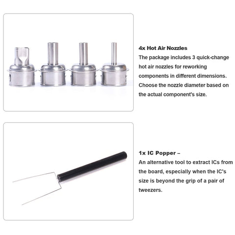 Four hot air nozzles for Powerful 1000W Touch Screen Rework Station With Rapid Heating 212F To 932F Range 500C Maximum, one IC popper.