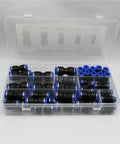 Get These 60pcs Pneumatic Push To Connect Fittings Kit With 4-12mm Pu Air Line Quick Couplers For Easy Tool-Free Assembly And Rock Solid Sealing That Slams It In Place Perfectly. 60-piece plastic organizer with black and blue fittings