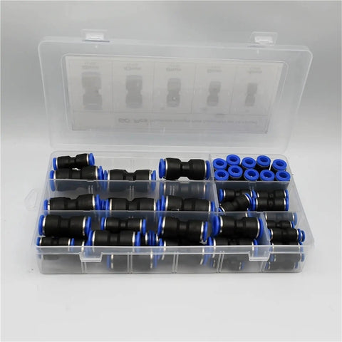 Get These 60pcs Pneumatic Push To Connect Fittings Kit With 4-12mm Pu Air Line Quick Couplers For Easy Tool-Free Assembly And Rock Solid Sealing That Slams It In Place Perfectly. 60-piece plastic organizer with black and blue fittings