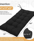 Water Repellent Outdoor Bench Cushion 44x19 with tufted style, high elasticity PP cotton filling, secure ties, black color, side view