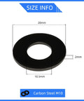 Heavy Duty M10 Flat Washers Set in Black Finish, 20mm Outer Diameter, 2mm Thick, diagram showing dimensions